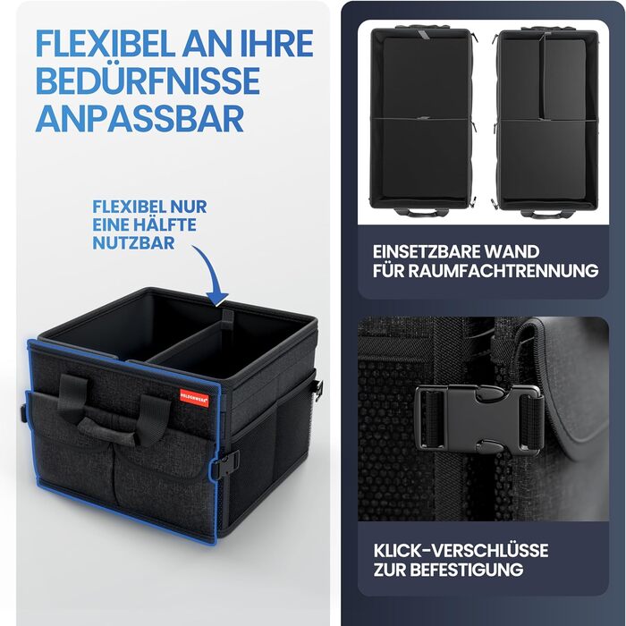 Організатор багажника HELDENWERK Premium з кришкою, стійкою та нековзною - Складана сумка для багажника велика з подвійним дном -