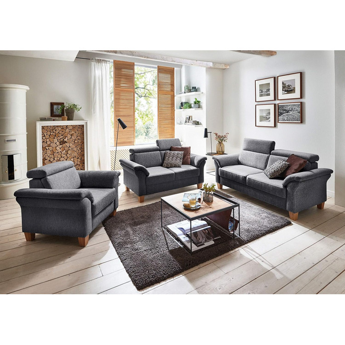 Місний диван Cavadore Ammerland / Диван у сільському стилі з пружинним каркасом / Вкл. регульовані підголівники / 186 x 84 x 93 / Текстурована тканина сірого кольору, 3-