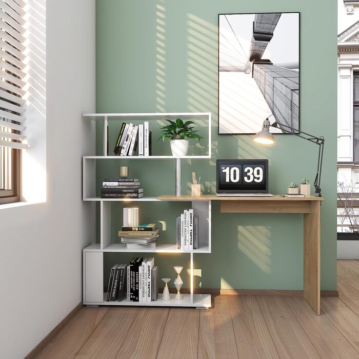 Комп'ютерний стіл Meerveil L-подібної форми, кутовий, з книжковою полицею, що обертається на 360 градусів, для кабінету, вітальні,