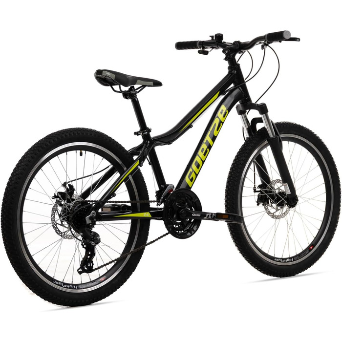 Дитячий гірський велосипед Goetze Define Junior 24 дюйми Перемикач швидкостей на 21 швидкість Алюмінієва рама Амортизаційна вилка Передні та задні дискові гальма Для віку 814 років 90 попередньо зібраний Чорний Лаймовий
