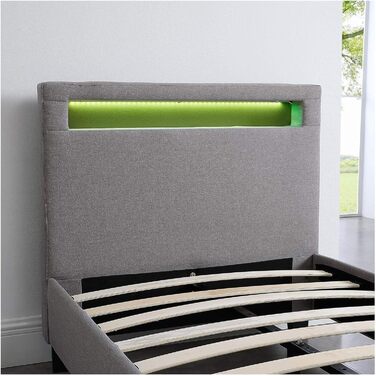 М'яке ліжко Гімалаї зі світлодіодним підсвічуванням односпальне молодіжне ліжко 90x200 см з рейковим каркасом, в сірому тканинному