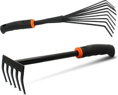 Набір садових інструментів 6 в 1 DE LUXE зі сталі 2 лопатки для квітів (6 см та 8 см), маленький грабель, комбінована сапка (подвійна сапка), культиватор, віяловий грабель (маленький віник) Компактний набір садових інструментів, 6 предметів