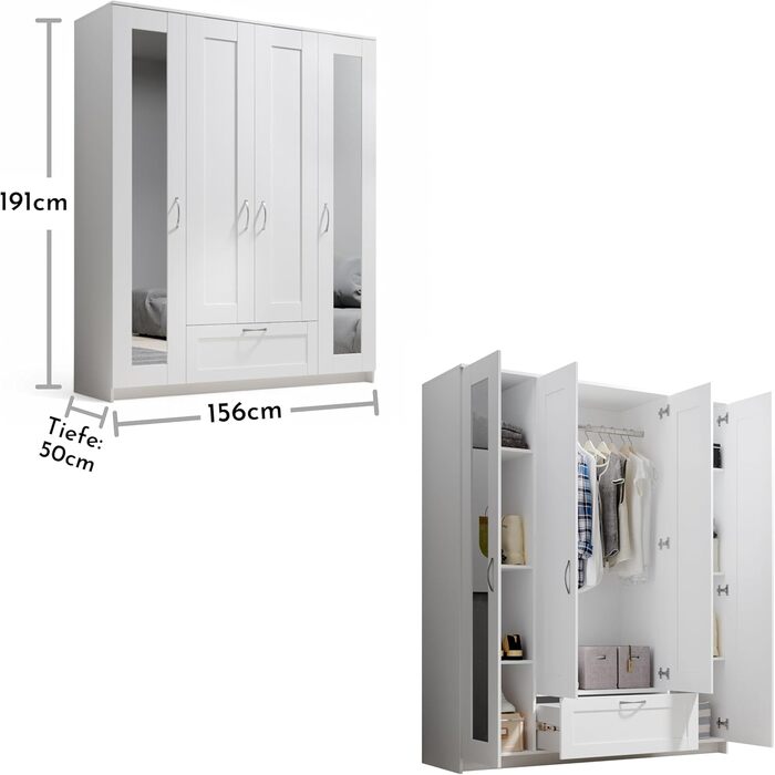 Шафа з дзеркальними дверима білого кольору - Універсальна 4-дверна шафа для вашої спальні - 156 x 191 x 50 см (Ш/В/Г)