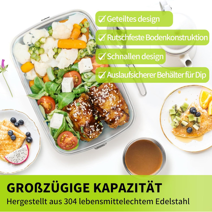 Ланчбокс iDattel з нержавіючої сталі, 2000 мл герметичний контейнер для обіду з роздільниками та силіконовою прокладкою, без BPA. Ідеально підходить для пікніків, школи, роботи. Металевий ланчбокс з текстильним чохлом для дорослих та дітей.