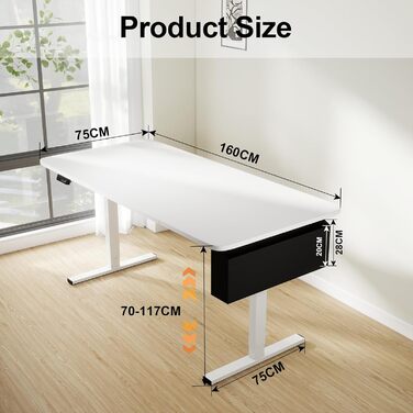 Електрично регульований по висоті стіл, 160 x 80 см, комп&39ютерний стіл з функцією пам&39яті, ергономічний стіл для роботи стоячи, з гачками та сумкою для зберігання, офісний стіл, білий 160 x 80 см