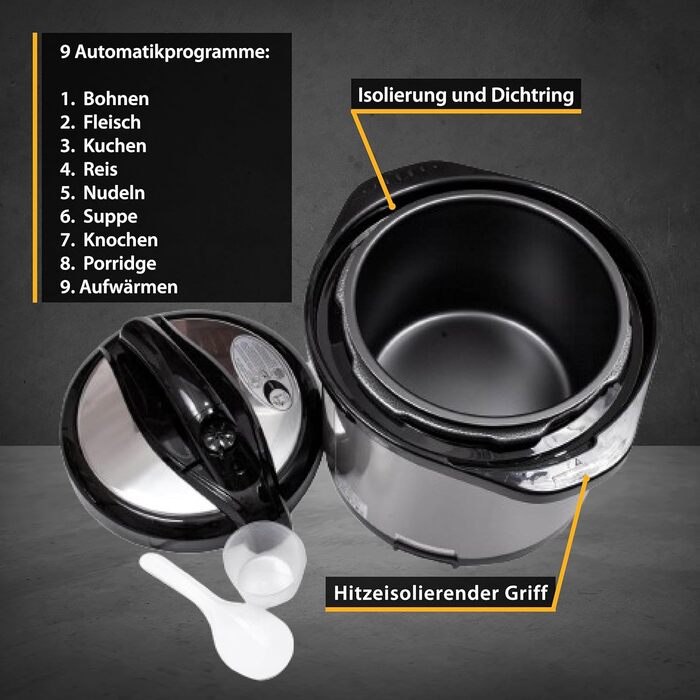 Електрична скороварка TZS First Austria 6л Мультиварка 9 програм скороварки Рисоварка Функція збереження тепла, відпарювач з нержавіючої сталі/чорного кольору