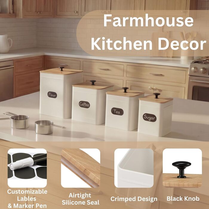 Набір контейнерів для зберігання PERFNIQUE для кухні - Набір із 4 предметів для зберігання кавового борошна, цукру та солі, контейнери для зберігання продуктів із герметичними кришками (білий)