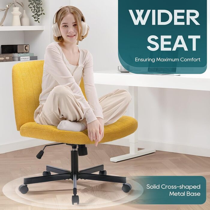 Широке офісне крісло COLAMY, м&39яке офісне крісло без підлокітників, поворотне крісло для домашнього офісу, функція гойдання 115, ергономічне комп&39ютерне крісло для домашнього офісу, для макіяжу, ігор (з колесами, жовтий) Жовтий з колесами