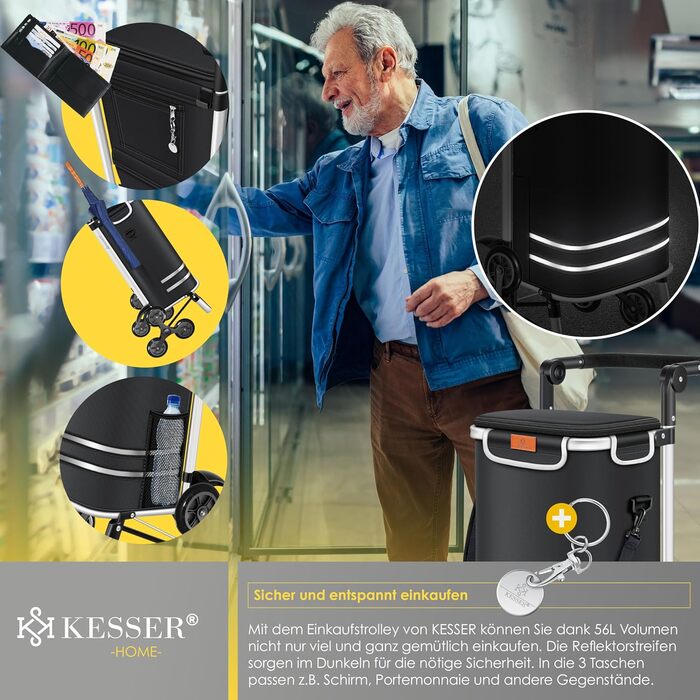 Багатофункціональний візок для покупок зі сходами, з термосумкою, складною конструкцією, місткістю 56л та вантажопідйомністю до 50кг 3-в-1 Візок-драбина, сумка-візок та сумка через плече Складаний візок для покупок з жетоном для покупок, чорний