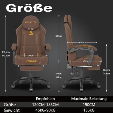 Ергономічне ігрове крісло MIXASTEP з регульованою спинкою та функцією повороту на 360 - Офісне крісло для дорослих/молоді 150 кг, ПК-крісло з технологічної тканини коричневого кольору для домашнього офісу/ігор