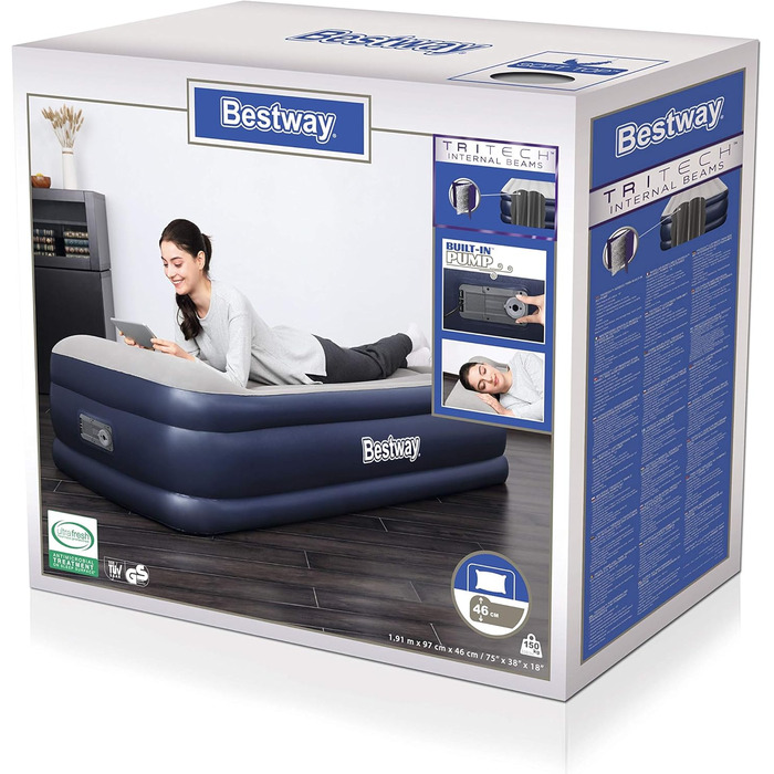 Надувний матрац Bestway Tritech, Vento, 191 x 97 x 46 см, одномісний, із вбудованим електричним насосом