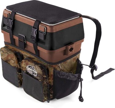 Рибальський ящик-сидіння, ящик для кількох приманок, ящик для сидіння та снастей з системою ременів для перенесення - включаючи 4 пластикові ящики, колір камуфляж-мисливський