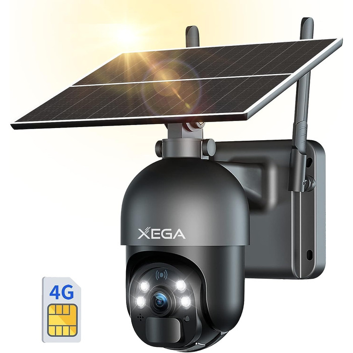 Зовнішня камера спостереження Xega 3G/4G LTE із SIM-картою Бездротова сонячна PTZ IP-камера для вулиці з 2K кольоровим нічним баченням 355/95 Поворотний слот для карти TF Виявлення PIR 2-стороннє аудіо IP66 Водонепроникний