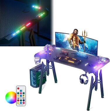 Ігровий комп&39ютерний стіл зі світлодіодним підсвічуванням 160x60 см, чорний, ПК-стіл з підставкою для чашок та гачком для навушників, ергономічний ігровий стіл M-подібної форми, ігровий стіл з вуглецевим волокном для спальні/кабінету, 160x60x73 см