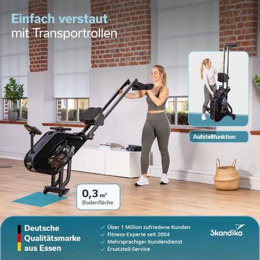 Гібридний гребний тренажер Skandika Nemo III Опір воді та магніту, 32 рівні електричного опору, 15 програм, до 200 см, сумісний із додатком, окремостоячий Водний гребний тренажер, домашнє фітнес-обладнання, чорний