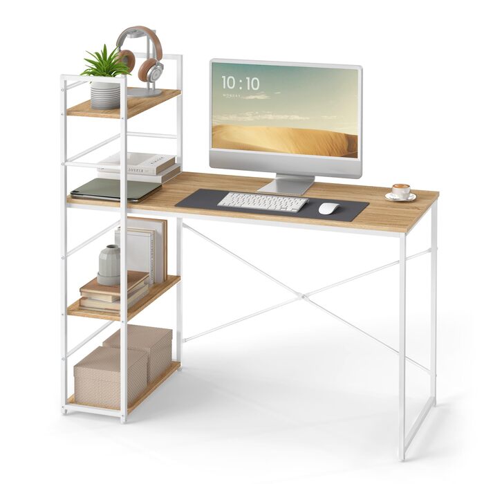 Сучасний письмовий стіл із полицею 120x44x120 см, дуб сонома/білий, 3 полиці, сталевий каркас, регульовані по висоті ніжки, комп&39ютерний стіл, домашній офіс, самостійне складання