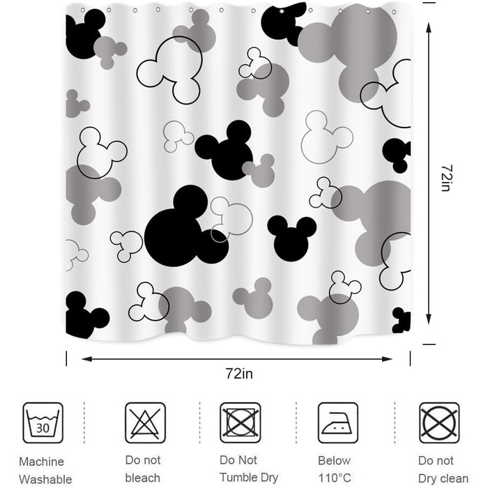 Шторка для душу з головою миші, чорно-біла, для дітей, мультфільми, мила тваринка, сіра, для ванної кімнати, прикраса для дому, водонепроникна поліефірна тканина, 183 x 183 см, з 12 гачками Mouse Head H182.9 x W182.9 см (упаковка 1)