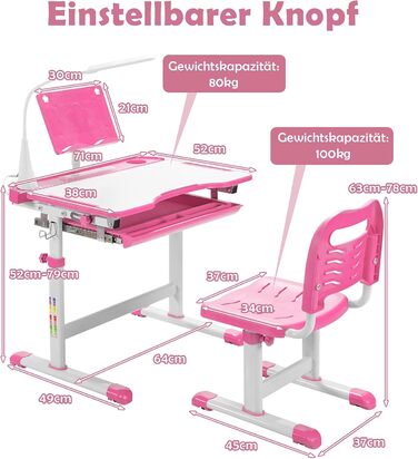 Набір дитячих столів COSTWAY з підставкою для книг та світлодіодним підсвічуванням, регульований по висоті дитячий стіл і стілець