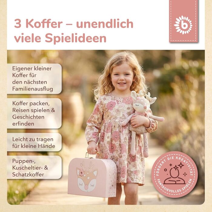 Дитячий набір валіз Bieco з 3 предметів &quotЕлла Мрійливі квіти&quot Картонні валізи Іграшкові валізи для дітей, декор для подорожей, рожевий
