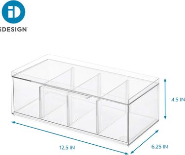 Коробка для зберігання чайних пакетиків iDesign, відділення для зберігання чаю з 4 відділеннями, пластикова кришка та функція висувного ящика, штабельована коробка для чаю з регульованими роздільниками, прозора