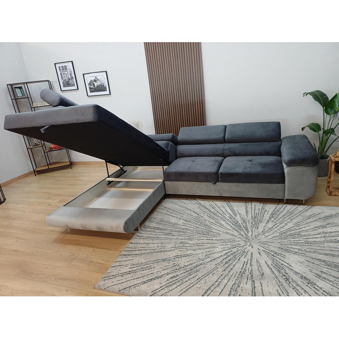 Кутовий диван Aston з функцією сну та відділенням для зберігання речей, вітальня, L-подібний диван з відділенням для зберігання речей, L-подібної форми, диван з функцією сну (темно-сірий/сірий, шезлонг ліворуч) Темно-сірий / сірий, шезлонг ліворуч