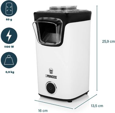 Машина для приготування попкорну Princess Hot Air - Попкорн без олії та жиру, мірна ложка, прозора кришка, отвір для наповнення, 1100 Вт, 292986