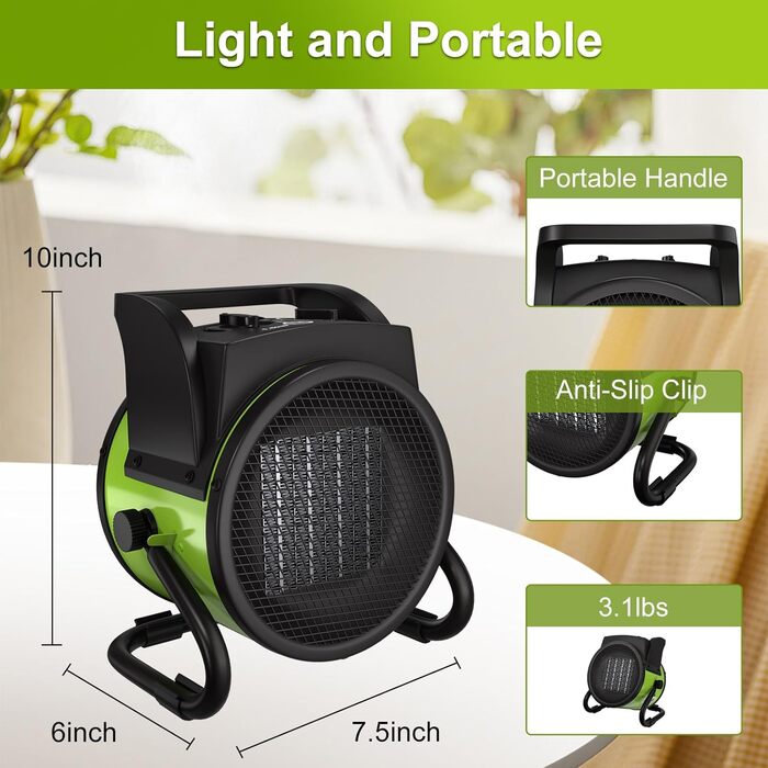 Енергозберігаючий керамічний радіаційний обігрівач GARDTECH з PTC, надзвичайно потужний електричний обігрівач, великий об&39єм повітря, будівельний обігрівач із захистом від перегріву, захистом від перекидання, термостатом, 2000 Вт, зелений