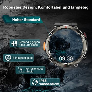 Розумний годинник IOWODO для чоловіків 100 днів роботи від батареї та підсвічування Bluetooth-дзвінки Водонепроникність IP68 та компас Сенсорний екран 1,45 дюйма Понад 100 спортивних режимів Аналіз серцевого ритму та сну Для Android/iOS, чорний