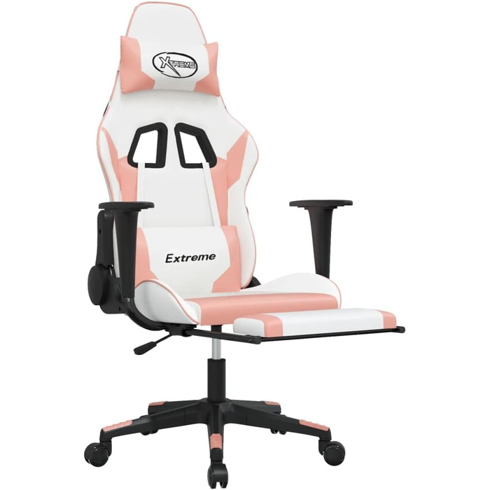 Геймерське крісло з підставкою для ніг, біло-рожеве, зі штучної шкіри