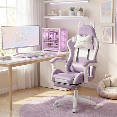 Ігрове крісло, Офісне крісло, Ігрове крісло, Ергономічне ігрове крісло з підставкою для ніг, поперековою опорою, підголівником та котячими вушками, М&39яке ігрове крісло, Обертове крісло для дівчаток, 135 кг, Фіолетовий
