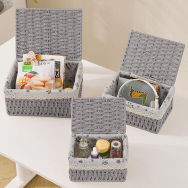 Набір кошиків для зберігання з 3 предметів з кришкою, плетений кошик з підкладкою, ротангова коробка для зберігання у ванній кімнаті, органайзер для ванної кімнати, іграшок, кухні, спальні (сірий)