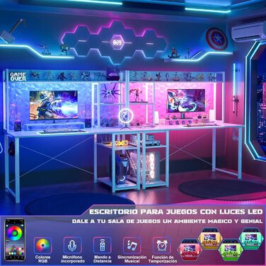 Ігровий стіл з полицею, комп&39ютерний стіл 47 дюймів зі світлодіодним підсвічуванням та розетками, стіл для домашнього офісу з двосторонніми 5-ярусними відділеннями для зберігання та підставкою для монітора, білий 120 см