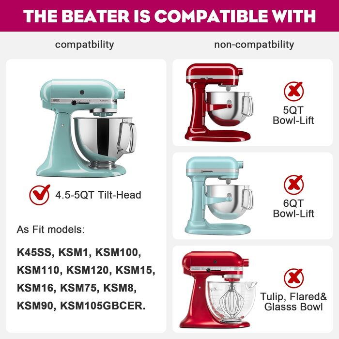 Аксесуари для мішалки TPGSING Flexi для мішалки Kitchenaid, плоска мішалка для мішалки аксесуарів Kitchenaid, підходить для насадки для нахиленої головки на 4.5-5 літрів для кухонного комбайна kitchenaid зі скребком