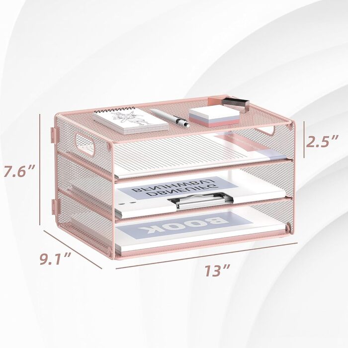 Ярусний лоток для листів, органайзер для паперу з ручкою, лоток для документів, настільний органайзер для школи, офісний органайзер, лоток для листів, металева сітка, рожевий, 3-