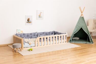 Ліжко Монтессорі, підлогове ліжко з рейковою основою, ліжко з захисними поручнями, дитяче ліжко, дерев&39яне ліжко з каркасом для хлопчиків та дівчаток, 200x120 см, натуральне дерево 200x120 см натуральне дерево - отвір для ліжка ліворуч