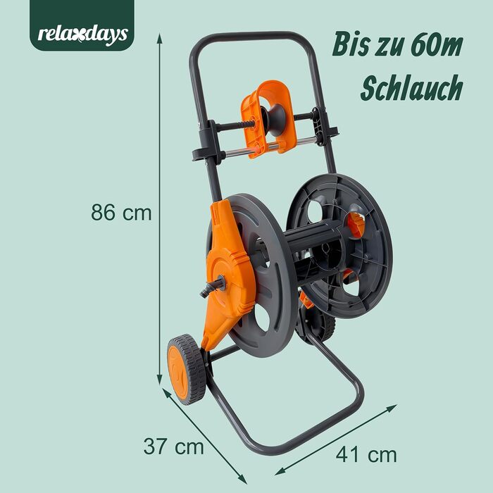 Шланг для поливу Relaxdays, 60 м, зєднувачі швидкого зєднання, направляюча шланга, 2 колеса, пластик/сталь, барабан для шланга, сірий/помаранчевий