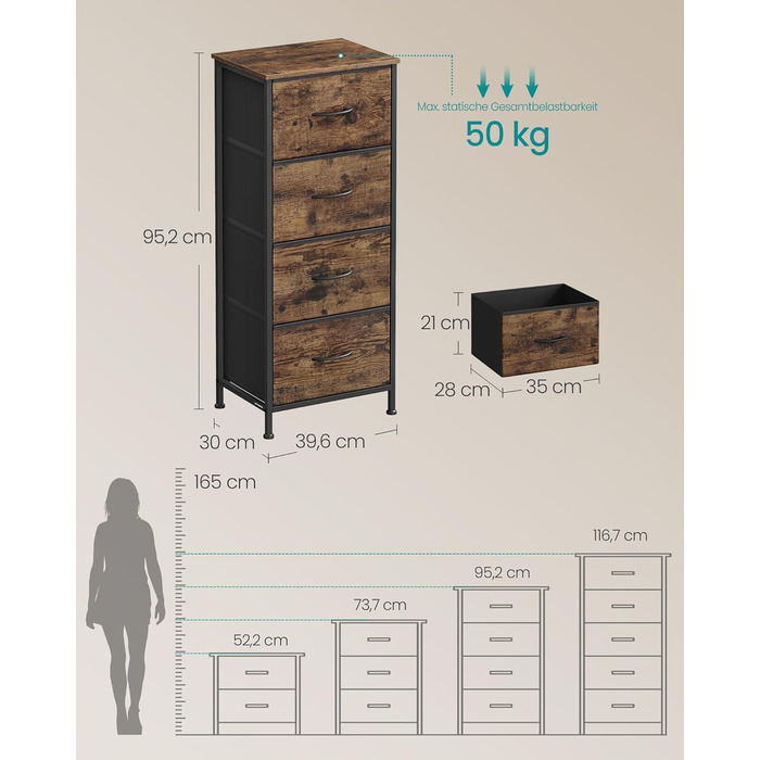 Комод SONGMICS, шафа, 4 тканинні шухляди, шафа для зберігання, сталь, МДФ, неткане полотно, для спальні, коридору, вітальні, вінтажний коричневий-чорний LGS314BH04 4 шухляди вінтажний коричневий чорнильний
