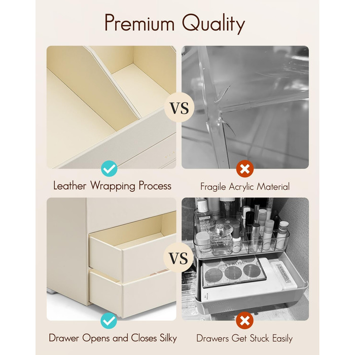 Органайзер для макіяжу VLANDO з 3 шухлядами, органайзер для туалетного столика, органайзер для косметики, органайзер для макіяжу для ванної кімнати, догляд за шкірою комода, бежевий