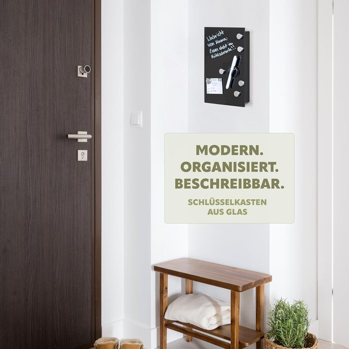 Скринька для ключів Bremermann зі скляною передньою частиною, з можливістю запису, 8 гачків, 6 магнітів, 1 маркер, 1 тримач для маркера, металевий корпус із сірим порошковим покриттям (повністю чорний)