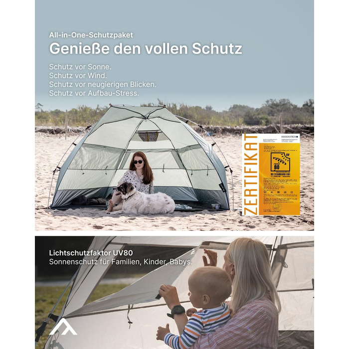 Пляжний навіс qeedo Quick Bay із захистом від ультрафіолету (UV80) для 2 осіб, включаючи сумку на колесах, пластикові кілочки та відтяжки - захист від сонця для сімей, дітей, немовлят або собак - Sandgrey Light Sand