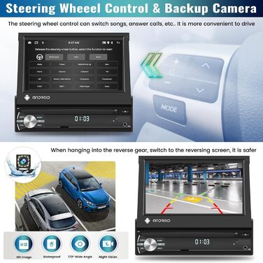 Автомобільне радіо CAMECHO Android 13 1G32G 1 Din з бездротовим Apple Carplay Android Auto, 7-дюймовий екран, автомагнітола з висувним дисплеєм, Bluetooth Mirror Link, WiFi GPS, SWC FM RDS камера заднього виду