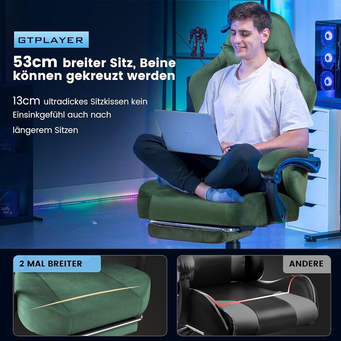 Ігрове крісло GTPLAYER, Дихаюче офісне крісло, Ергономічне офісне крісло, Високоякісна тканина, Ергономічне крісло для ПК, Регульована на 160 спинка та Розсувна підставка для ніг, Зелений оксамит