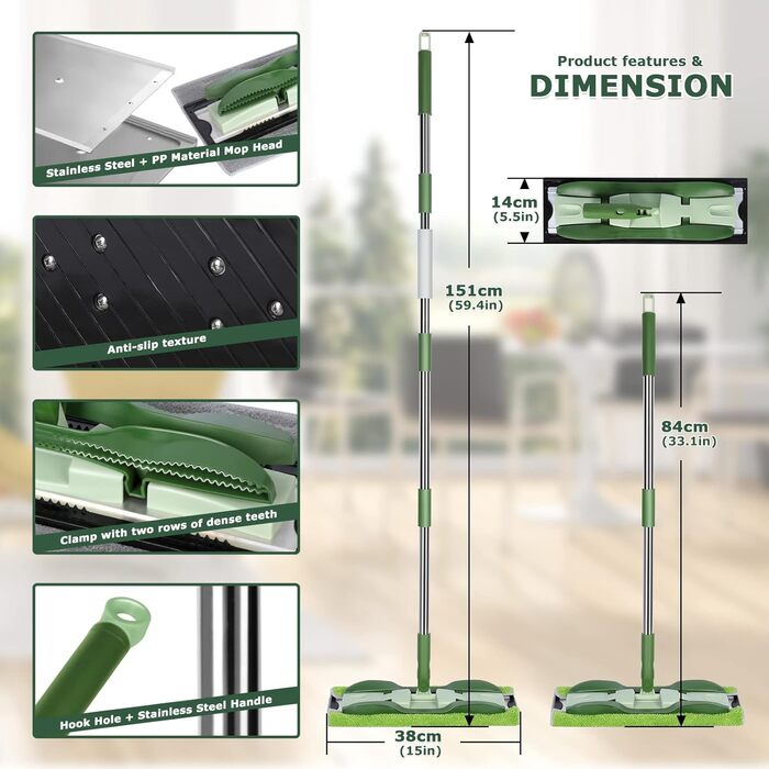 Плоска швабра Masthome, підлогова швабра 360 з 4-ма мікрофібровими насадками, довжина ручки 151 см, регульована, металева основа,