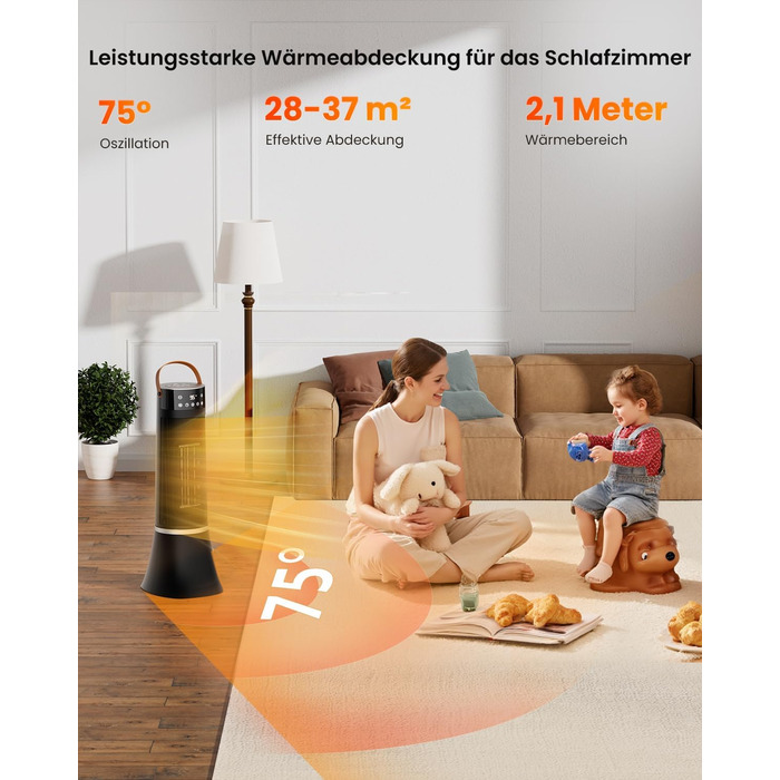 Енергозберігаючий електричний вентилятор-обігрівач, 2000 Вт, з пультом дистанційного керування, термостатом, 12-годинним таймером, 3 режимами, захистом від перегріву та перекидання, коливаннями 75, керамічним електричним нагрівальним елементом PTC (D)