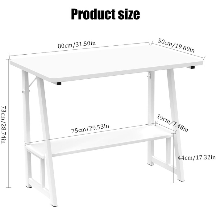 Білий стіл з книжковою полицею, комп&39ютерний стіл з полицею, комп&39ютерний стіл з полицею, ергономічний стіл для ноутбука, офісний стіл 80x50x73см, робочий стіл для домашнього офісу, вітальня білий 80x50x73см