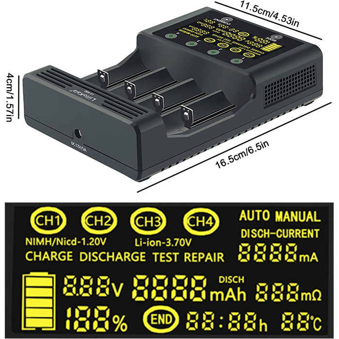 Швидкий зарядний пристрій Liitokala Lii-600 з РК-дисплеєм та сенсорним керуванням, 4-слотовий швидкий зарядний пристрій для акумуляторів 18650 з адаптером 12V 5A для Li-Ion/Ni-MH/Ni-Cd 14500 21700 AA AAA тощо.