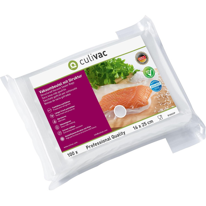 Вакуумні пакети culivac 100 вакуумні пакети 16x25 см преміум, пакети з фольги для кожного ущільнювача фольги вакуумний пакувальник, вакуумний пакувальник 'professional sous vide, зроблено в Німеччині, без BPA 16 x 25 см 100 пакетів прозорий