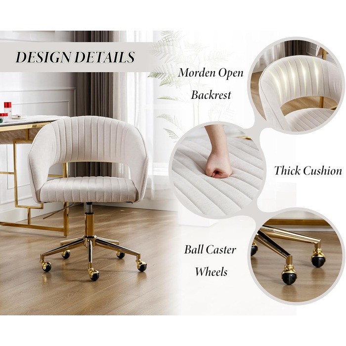 Офісний стілець з шенілу, ергономічне робоче крісло з підлокітниками, обертове крісло з колесами, туалетний стілець, регульована висота для домашнього офісу та офісу, бежевий