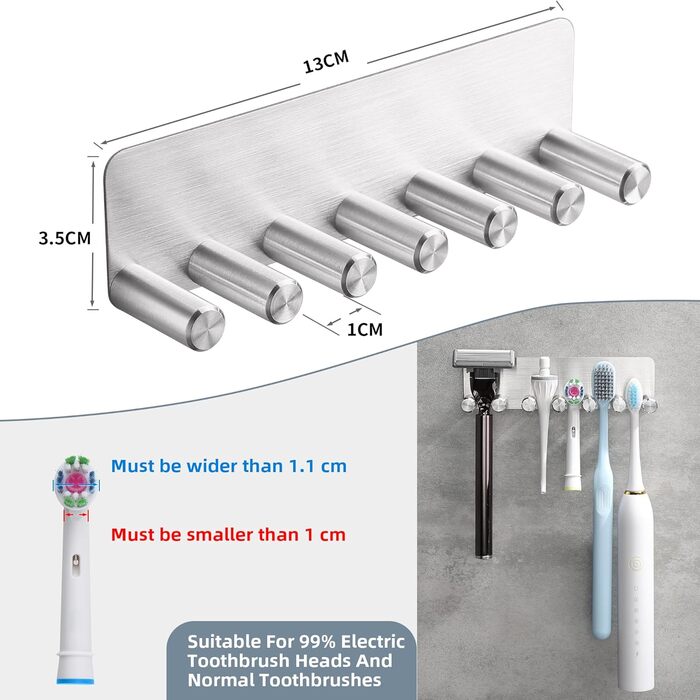 Тримач для електричної зубної щітки OETAMS без свердління, настінний тримач для зубної щітки на 6 насадок для електричних щіток, тримач для зубної щітки з нержавіючої сталі, самоклеючий тримач для головки зубної щітки, срібний