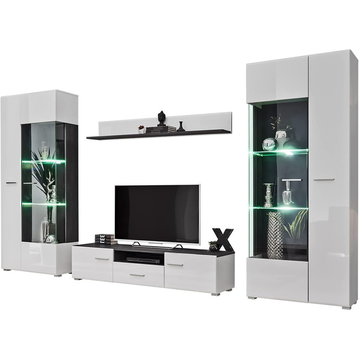 Модульна настінна шафа для вітальні SOLIDO Twin, стінка під телевізор, білий глянець